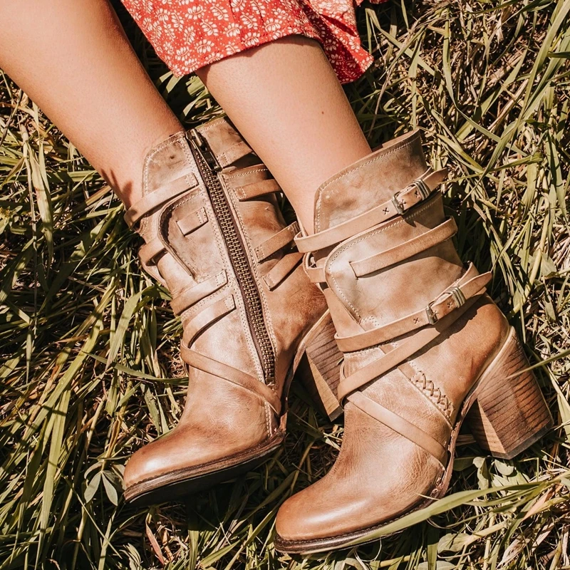 

Oeak Women's Boots Side Zipper Stable And Comfortable Thick High Heel Women's Shoes Artificial PU Strap Buckle Design