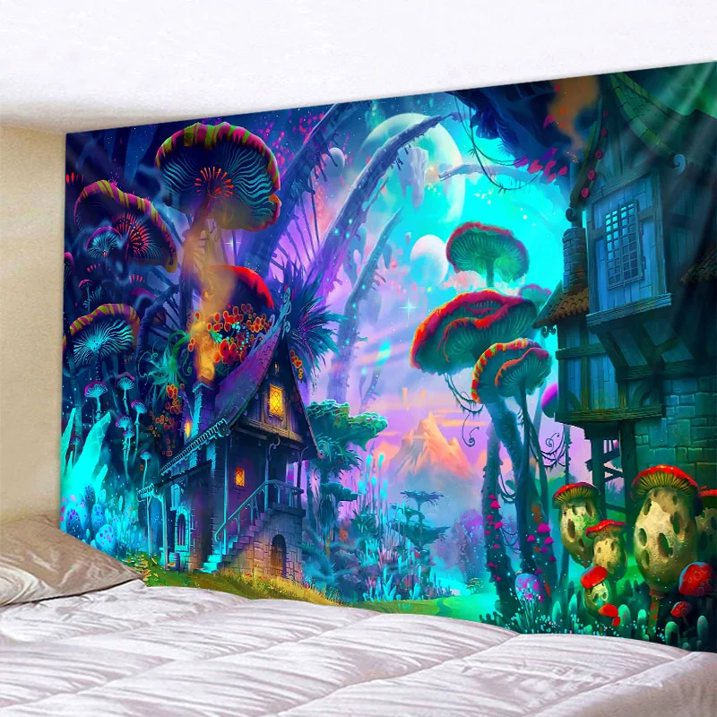 Tapestry Decor Psychedelic Mushroom 3D Printing Tapestry Hippie Fantasy Colorful Art Mandala Bohemian Family Dormitory Wall Decoration
