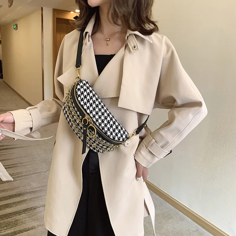 

Belt Bag Autumn And Winter New Style Woolen Thousands of Birds Chain Wallet Fashion Mini Shoulder Bag