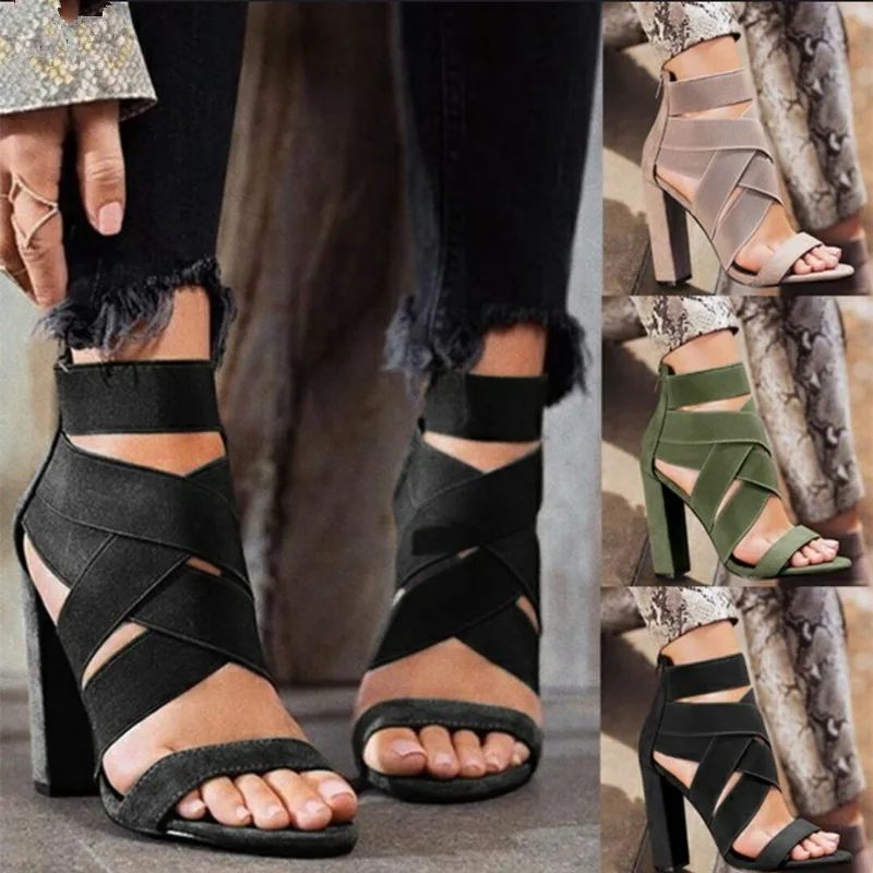 

Nice Gladiator Sandals Fashion Women Sandals High Heels Open Toe Ankle Strap Elastic Band Shoes Size 35-50 Pumps Black