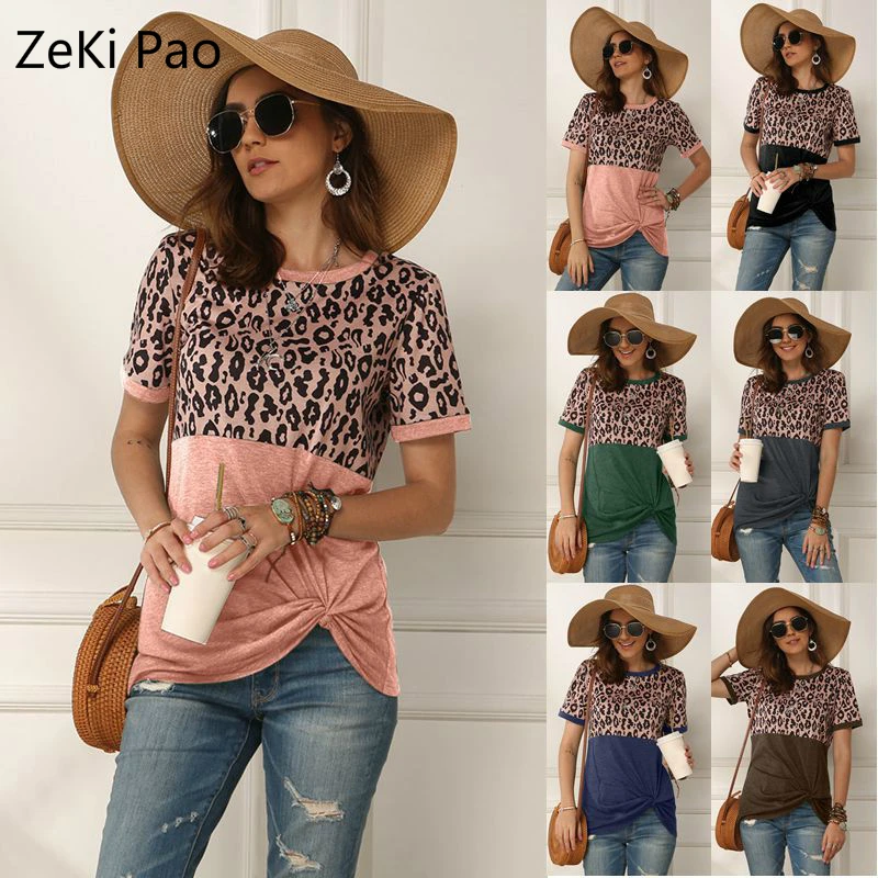 

2020 Spring and Summer Women's Leopard Print Stitching Fashion Short-sleeved T-shirt Round Neck Loose Shirt Women Vestidos