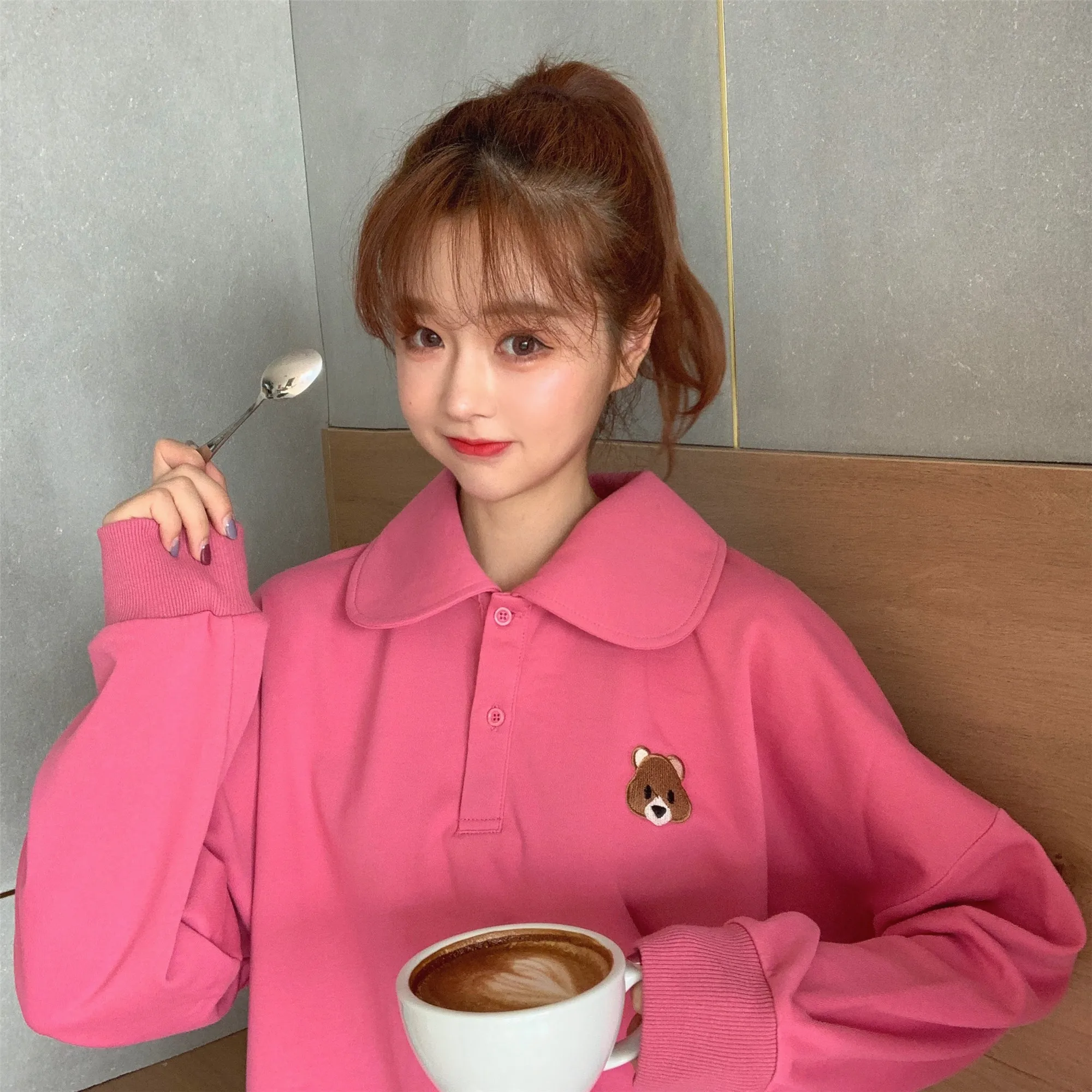 Женские кофты японский Harajuku Ulzzang Медведь вышитый длинный рукав толстовка женская Корейская Kawaii одежда для женщин
