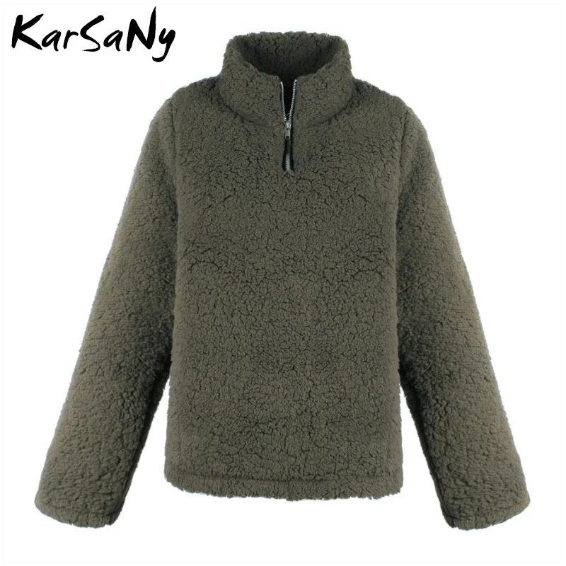 Army green KarSaNy, флисовая Толстовка для женщин, большой размер, Женская водолазка, искусственный свитер с мехом, женский черный свитер на молнии, женские толстовки, пуловер - Цвет: Army green