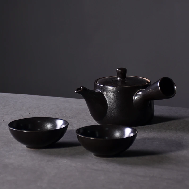 LUWU черные керамические чайники kyusu с 2 чашками чайные наборы Китайский кунг-фу чайный сервиз набор - Цвет: Черный