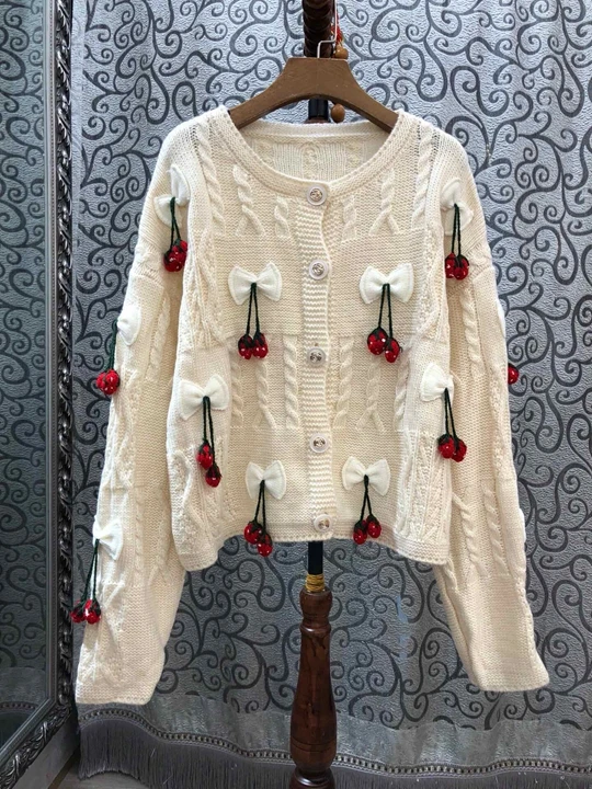 Early autumn new women bow bow small cherry pattern knitted long sleeve sweater knitted shirt 902