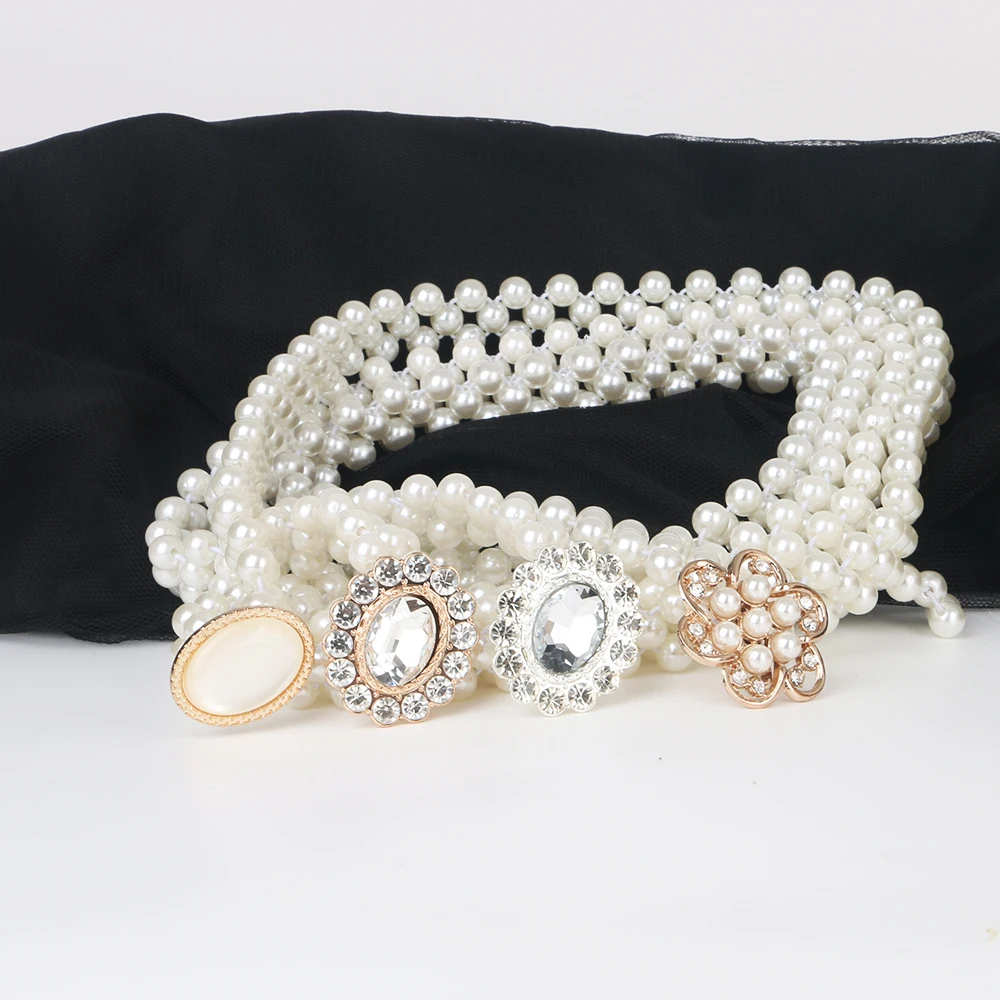 Rhinestone Buckle Weave White Pearl Belt Crytle For ladies girl Elasticity Waist Fit for Waist circumference less than 80cm