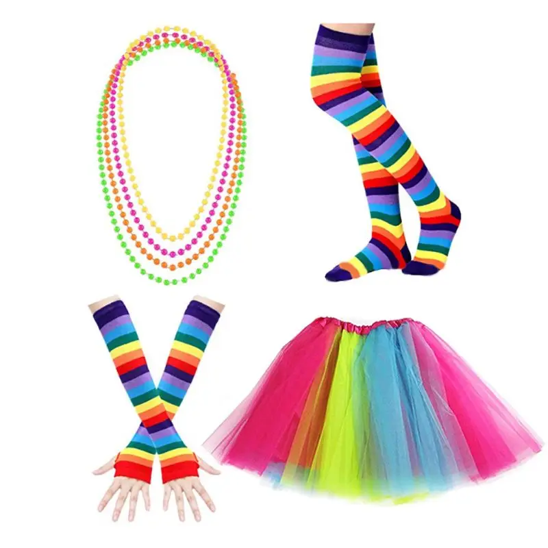 Женская нарядная одежда 1980 года, радужная юбка-пачка, облегающие высокие носки, перчатки без пальцев, бисерное ожерелье для костюмированной вечеринки в стиле ретро - Окраска металла: Colourful