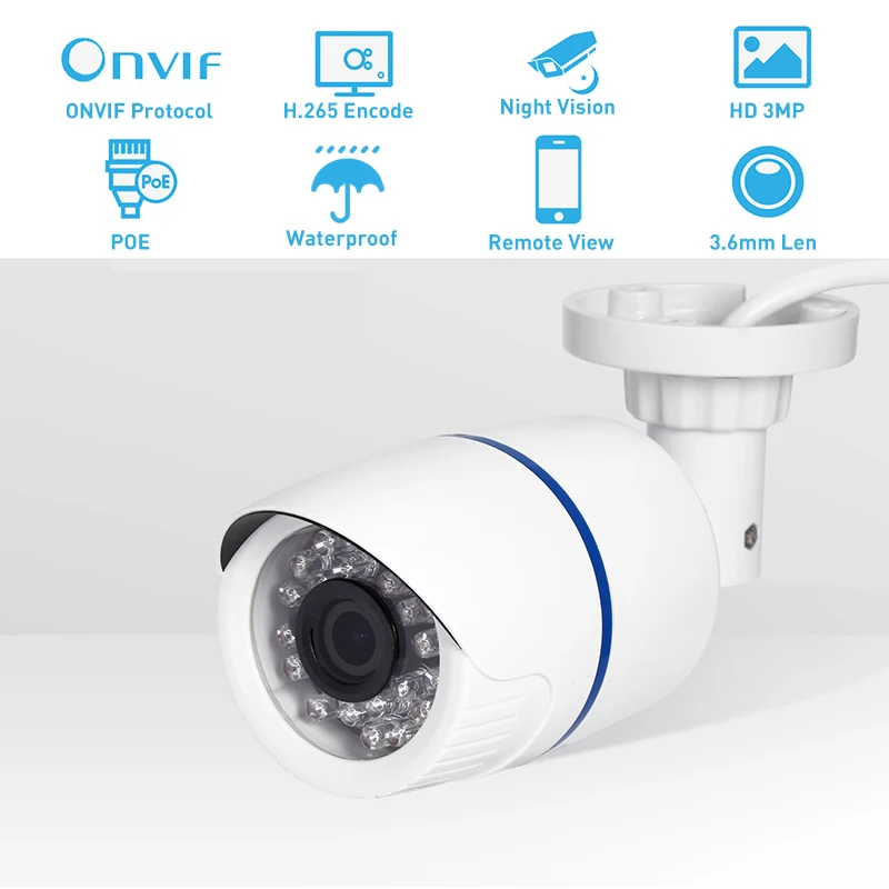 H.265 POE IP65Waterproof 3MP Пуля IP Камера 24 шт ИК светодиодный 1296P/1080P Открытый безопасности