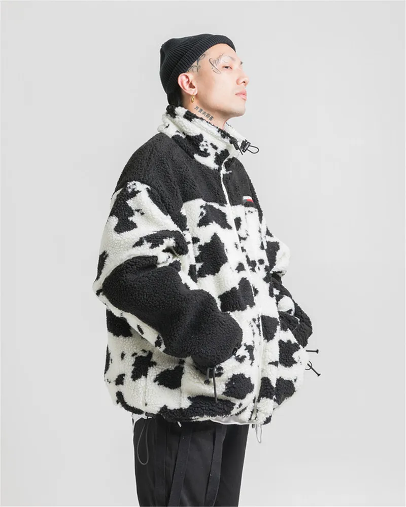 Winter Thick Oversize Cow Contrast Color Parka Coat Polka Dot Vintage Fleece Zipper Pocket Jacket Men Hip Hop Swag Black/White