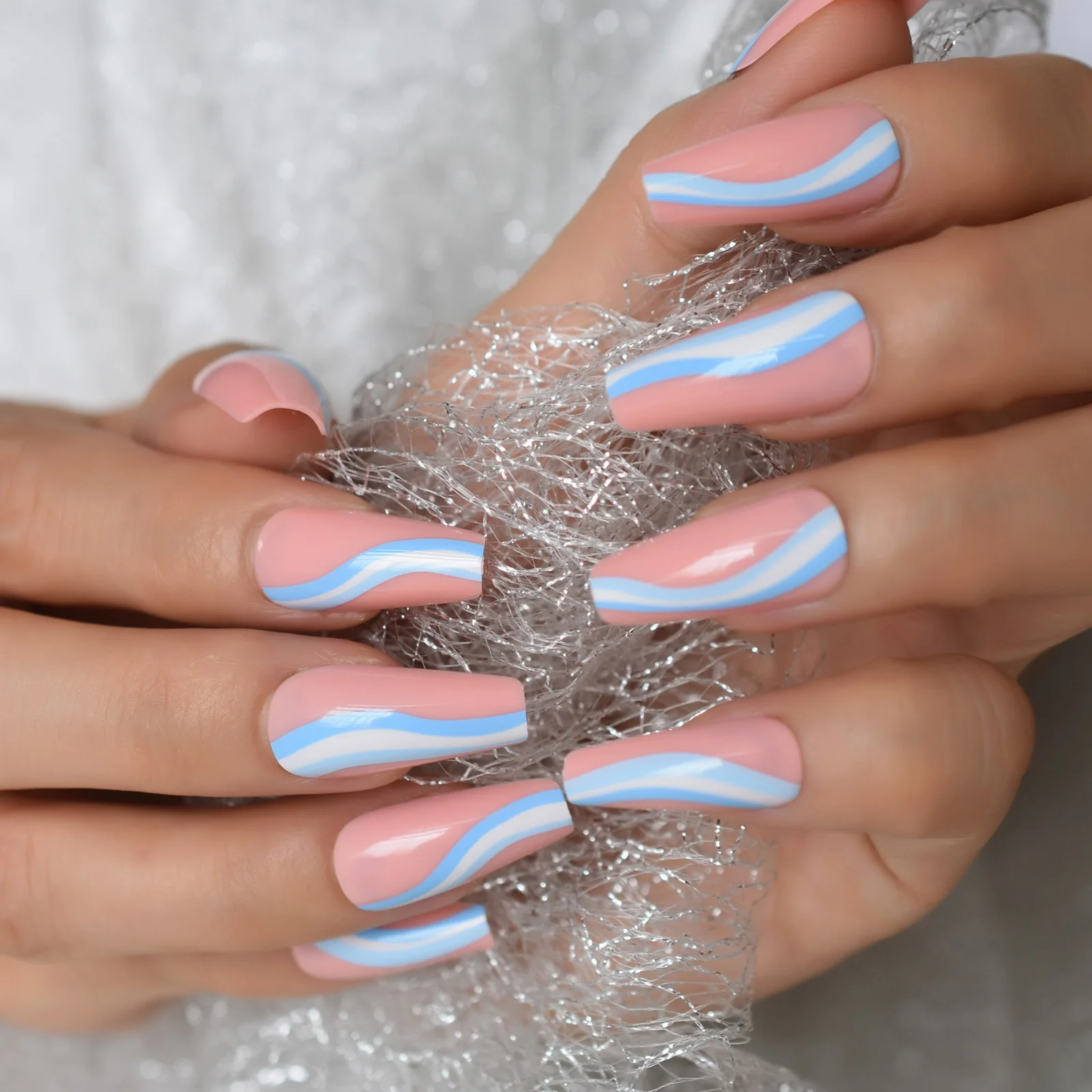 24pcs Midi Long Fake Nails Designer Ripple Tortuous Lines False Nails Press On Coffin Pink Glossy Thick Nails Tips Aliexpress Beauty Health