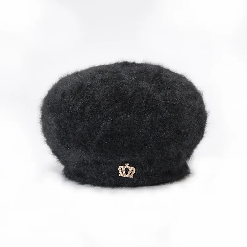 Women's Autumn And Winter Wool Warm Beanie Paint Cute Knitted Plus Velvet Cap Crown Acrylic Diamond Elegant Rabbit Fur Hat