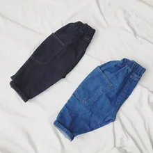 Осенняя одежда новые стильные ковбойские штаны-шаровары в Корейском стиле для мальчиков и девочек Детские однотонные повседневные брюки, джинсы