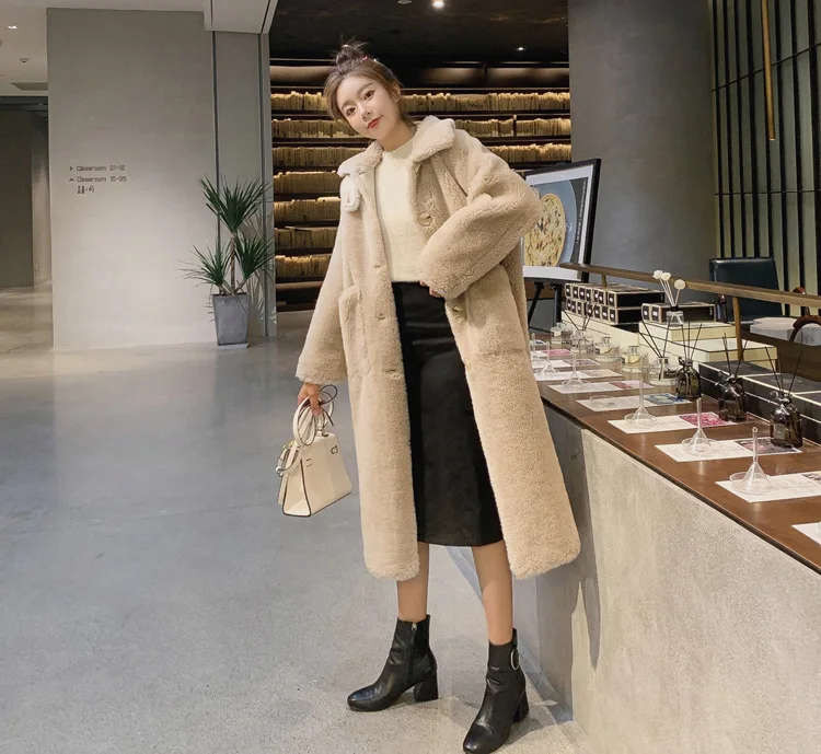 Dark Beige Новая длинная шуба женщин осень и зима Повседневная гранулированная шерсть Двуликая толстая теплая свободная длинная шуба - Цвет: Dark Beige