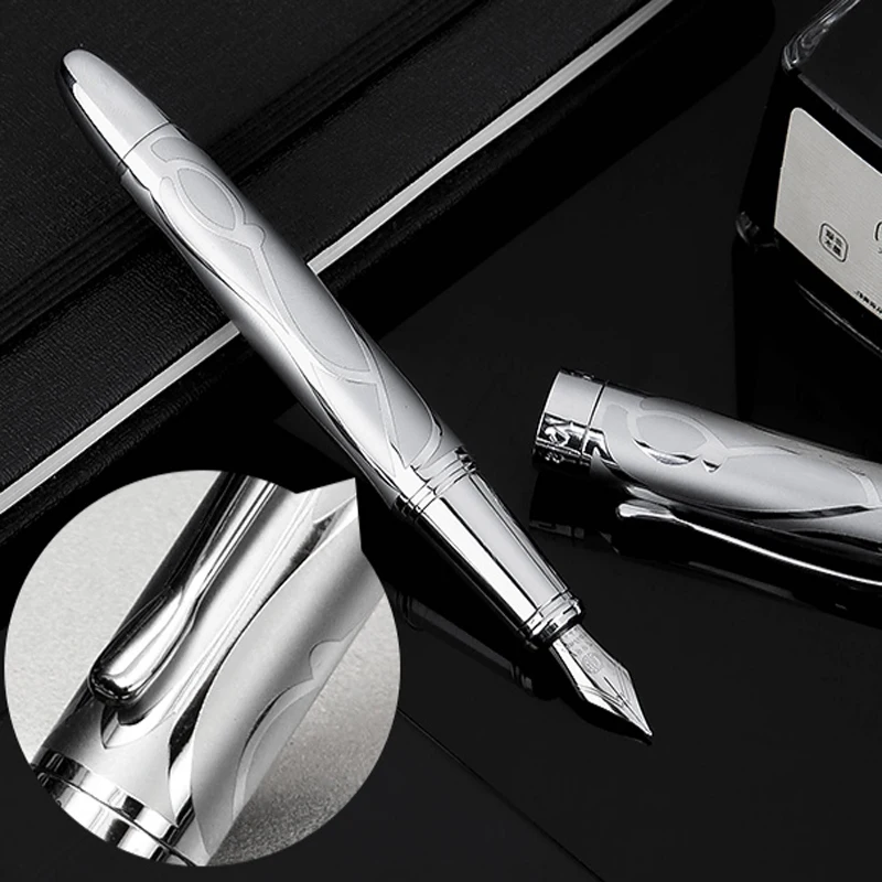 1Pc Hongdian 5010 Silver Metal Fountain Pen EF/F Iridium Nib Exquisite relief pattern Exquisite gift ink pen for business office image_0