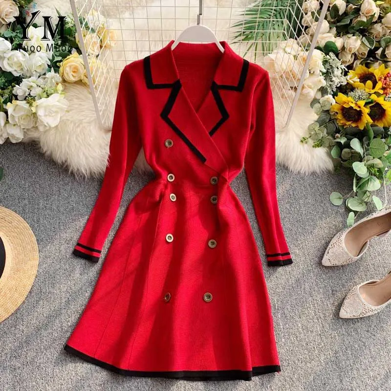 YuooMuoo/хорошее качество, удобный французский винтажный вязаный свитер, женское платье, элегантное офисное платье, Осенние вечерние платья - Цвет: Красный