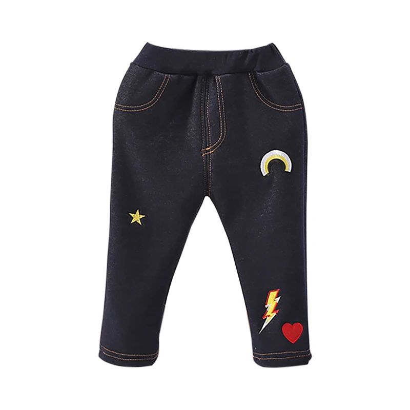Осенние штаны для маленьких девочек, мягкие утепленные спортивные джинсовые штаны с мультипликационным принтом, повседневные штаны для малышей