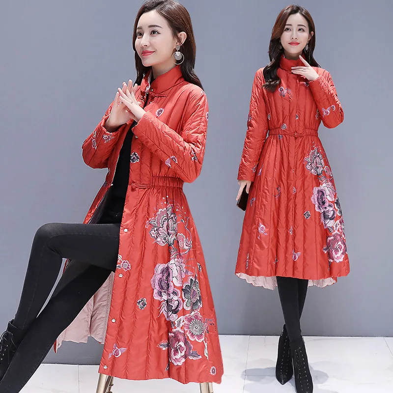 

2019 Winter New Style Waist Hugging Slimming Mid-length Cotton Coat Retro Printed Elegant Cotton-padded Jacket Coat Cotton-padde