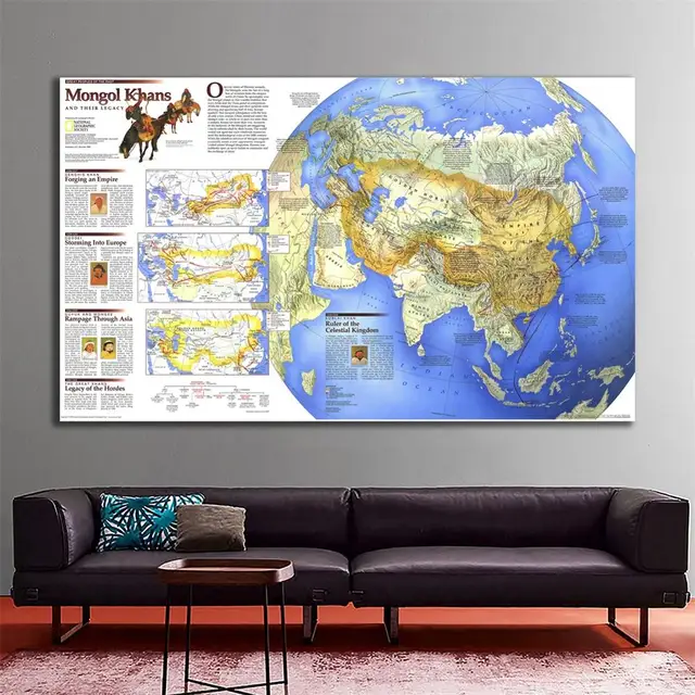$ 1996 Edition The Wall Map of Mongal Khans And Their Legacy  Non-woven Spray Painting For Home Wall Decor 150x225cm