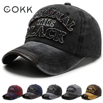 

COKK Vintage Washed Cotton Baseball Cap Snapback Hat For Men Bone Women Retro Gorras Casual Casquette Letter Black Cap