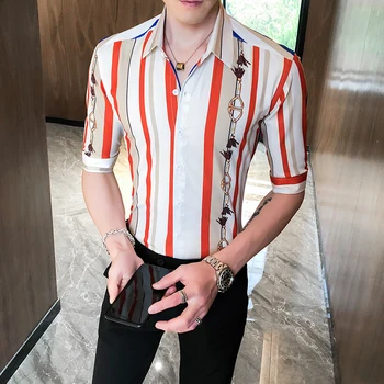 

Luxury Striped Shirt Men Half Sleeve Casual Business Shirts Slim Fit Streetwear Social Blouse Brand Male Clothes Chemise Homme