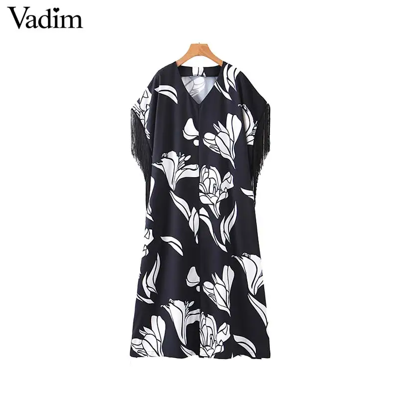 

Vadim women V neck floral print dress oversized tassels short sleeve female casual stylish chic mid calf dresses vestido QC645