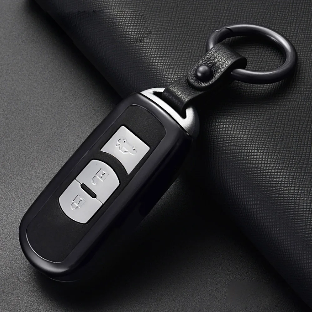 Black Round buckle Алюминиевый сплав ключ оболочки держатель ключа автомобиля чехол ключа чехол ключ оболочки для Mazda CX-5 CX-7 Atenza Alexa авто аксессуары - Название цвета: Black Round buckle