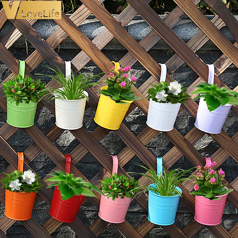 10pcs Wall Hanging Flower Pots Metal Flower Pots With Handle Iron Garden Balcony Vertical Bucket Holder Home Decor Garden Pots