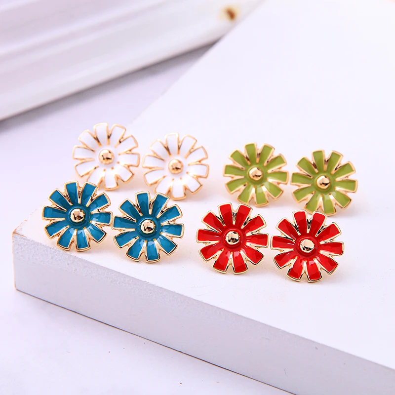 

kissme Unique Blue White Red Green Enamel Flowers Screw-back Clip Earrings For Women Two-type Gold Color Fashion Jewelry Ear Pin