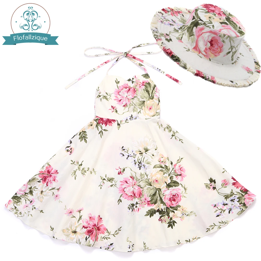 Baby Girls Dress with Hat 2018 Brand Toddler Summer Kids Beach Floral Print Ruffle Princess Party Clothes 1-8Y baby dresses