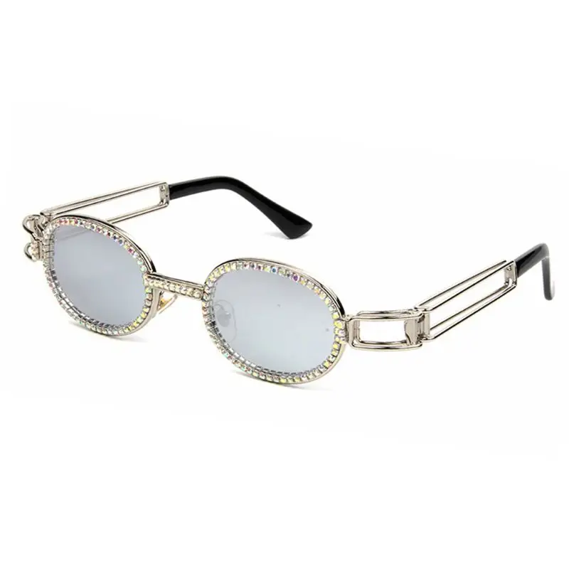 Unisex Vintage Flat Frame Sunglasses Small Oval Hand Point Rhinestones Fashion Steampunk Colorful Glasses - Цвет линз: Серебристый