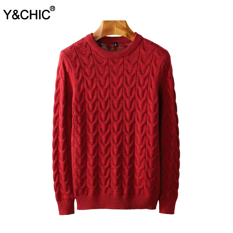 Y&CHIC осень-зима Для мужчин толстый кабель-вязанные хлопок пуловер с круглым вырезом; свитер