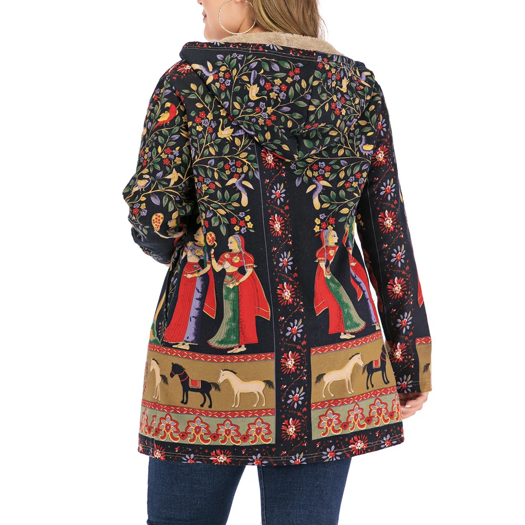 amazing  Womens Coat Winter Warm Outwear Floral Print Hooded Pockets Vintage Oversize Female Coats Women's C