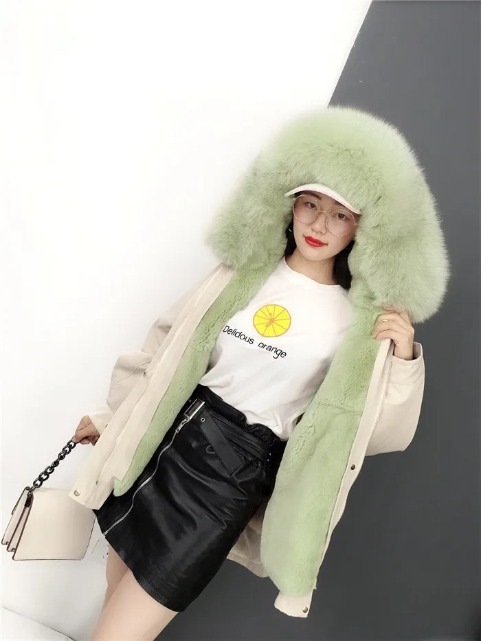 Back flowers embroidery letter real fur parka coat women thick rabbit fur lined short winter jacket real fox fur collar hood