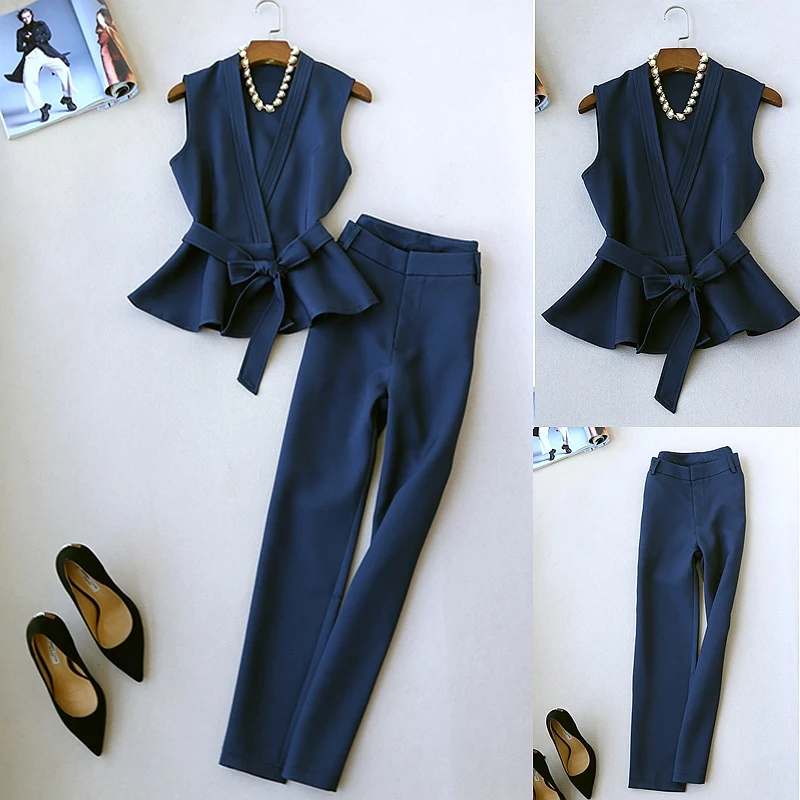 Осенние брючные костюмы женский темперамент без рукавов жилет модный костюм жилет Офисная Леди широкие брюки костюм из двух предметов женская одежда - Цвет: Navy blue
