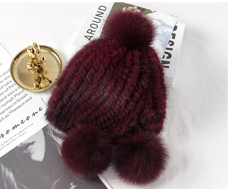 wine red 01912-shi, зимняя, очень теплая, натуральная норка, Вязанная, высококачественная, с помпоном, настоящий мех, для девушек, Skullies Beanies, шапка, женская, для отдыха на открытом воздухе, шапка - Цвет: wine red