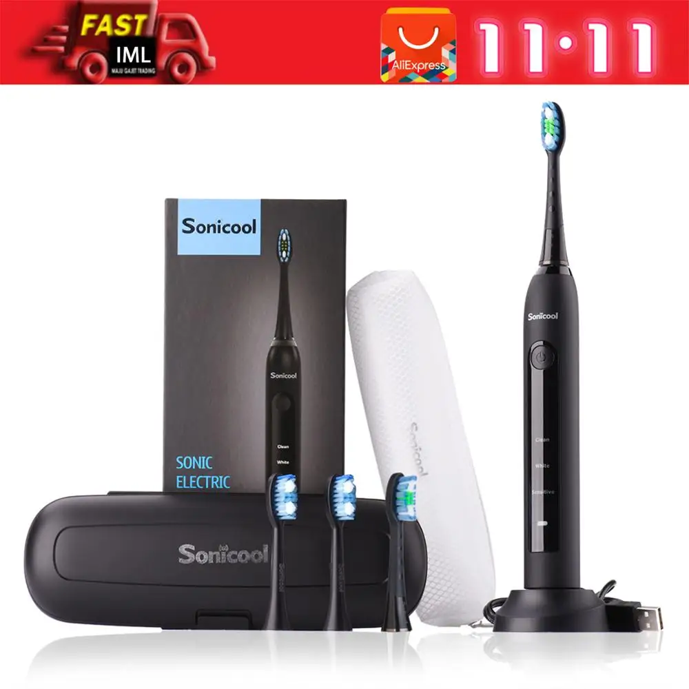 Hot deal   Sonicool Electric Toothbrush Sonic Toothbrush USB Rechargeable Tooth Brushes With 4 Pcs DuPont Repl 