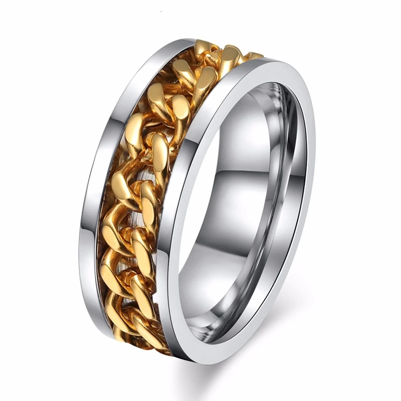 Vnox 8 мм крутая черная прядильная цепь кольцо для мужчин текстура шин нержавеющая сталь вращающийся звенья Панк мужской Анель - Цвет основного камня: Gold Chain
