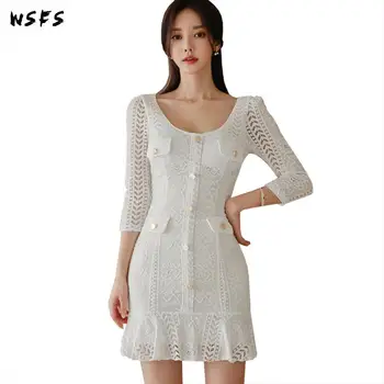 

Spring Dress Women Lace White Dinner Dresses Korean Sexy Party Big Size Bodycon Bandage Mini Mermaid Wrap Clothes Lady Vestidos