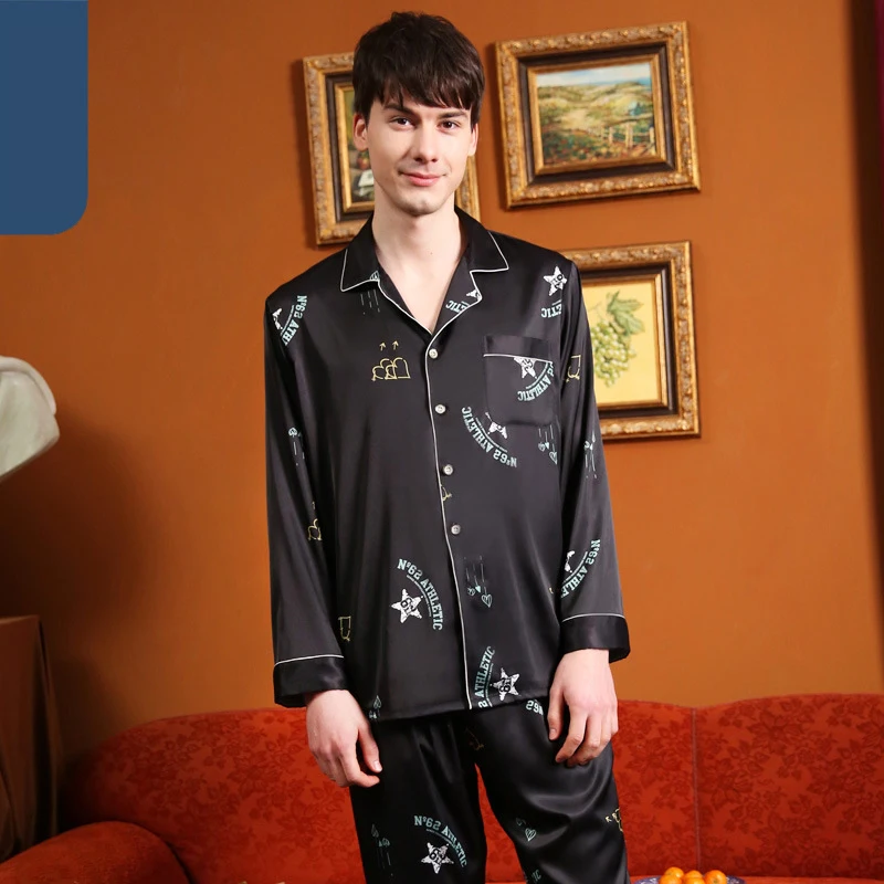 mens silk pajama set Spring Ice Silk Thin Pajama Sets Men Summer Pajama Male Print Sleep Tops+Elastic Waist Trousers Loose Soft Pijama Sleepwear Sets pyjama homme