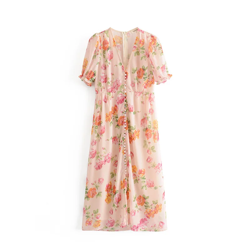 

2019 Summer WOMEN'S Dress New Products Very Fairy of Holiday Casual Flower Powder Retro Bag Buckle V-neck Dress Medium-length Dr