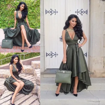 

Vintage Summer Style sexy deep V Neck Sleeveless A-line Floor Length High Low Taffeta party prom Gown bridesmaid dresses