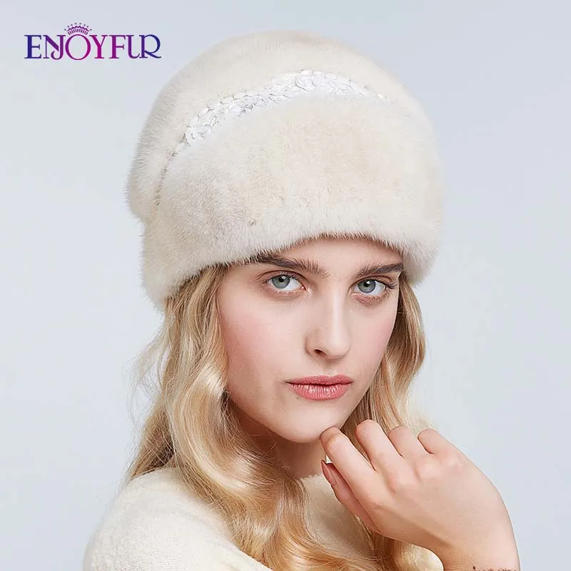 ENJOYFUR цельные норковые меховые шапки для женщин зимние элегантные меховые шапочки для принцесс Русский стиль теплые меховые шапки Новая мода - Цвет: M09