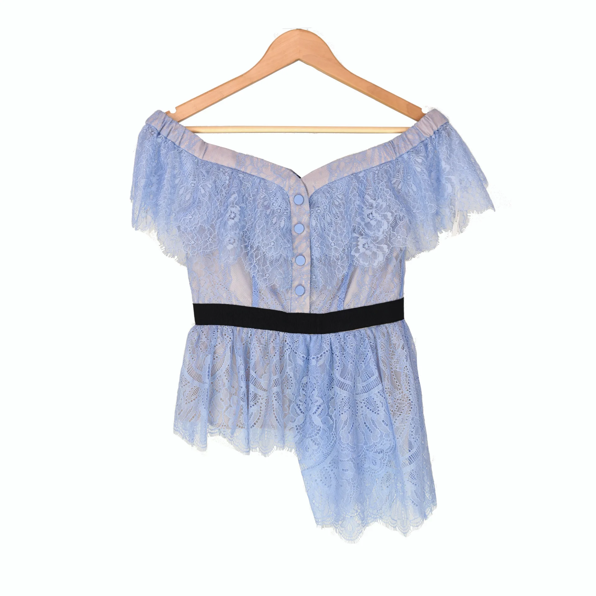 

18 Summer One Word Shoulder Light Blue Super Xian Lace Light And Thin Playful Short Money Shirt 85017
