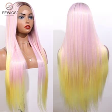 EEWIGS, 3 цвета, синтетический парик на кружеве, 13x4, жаростойкий парик, коричневый, фиолетовый, желтый, парики с эффектом омбре для черных женщин