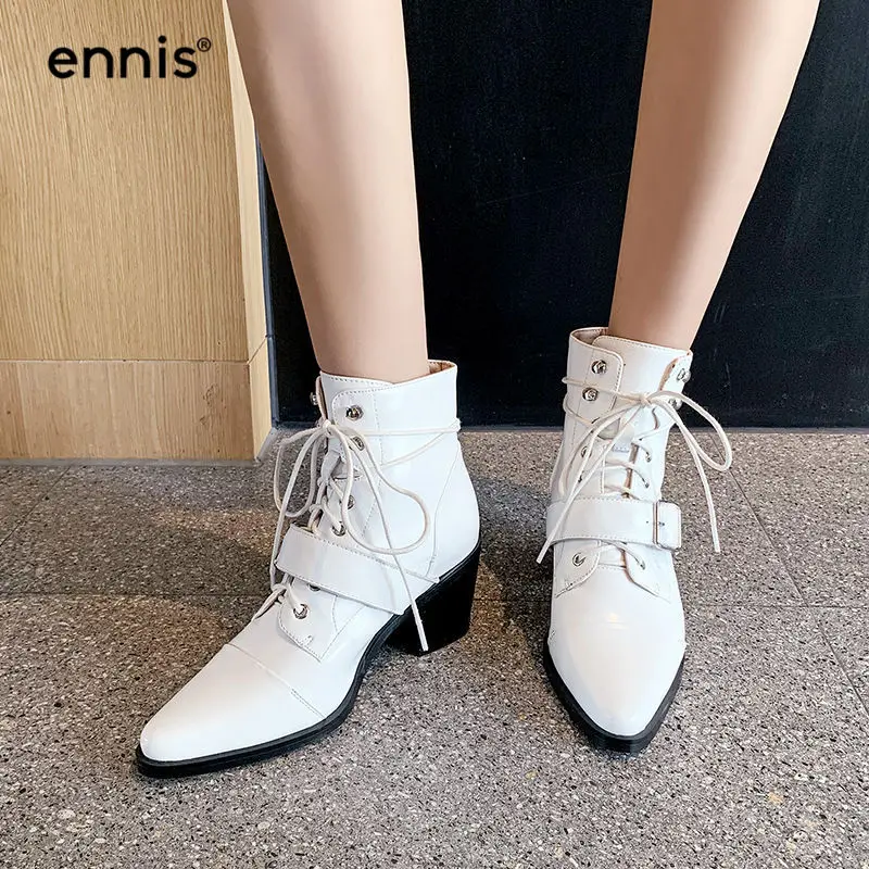 

ENNIS Fashion Lace Up High Heel Boots Pointed Toe Genuine Leather Women Boots White Ankle Boots Black Chunky Heel Shoes A0024