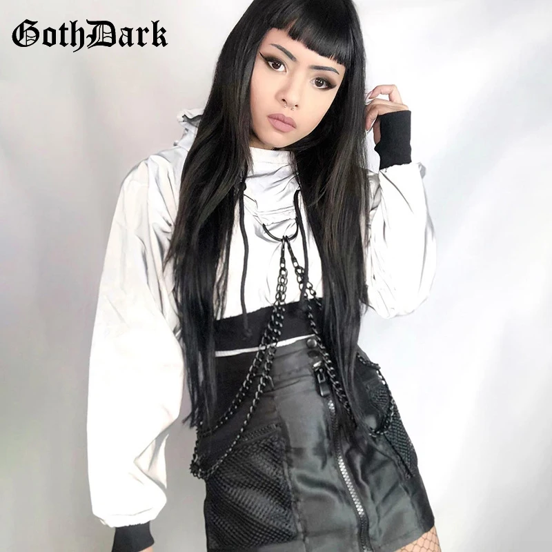 Готические темные винтажные Gothi Egirl женские свитшоты Харадзюку укороченные Светоотражающие цепи женские толстовки гранж-панк шикарные эмо 90s