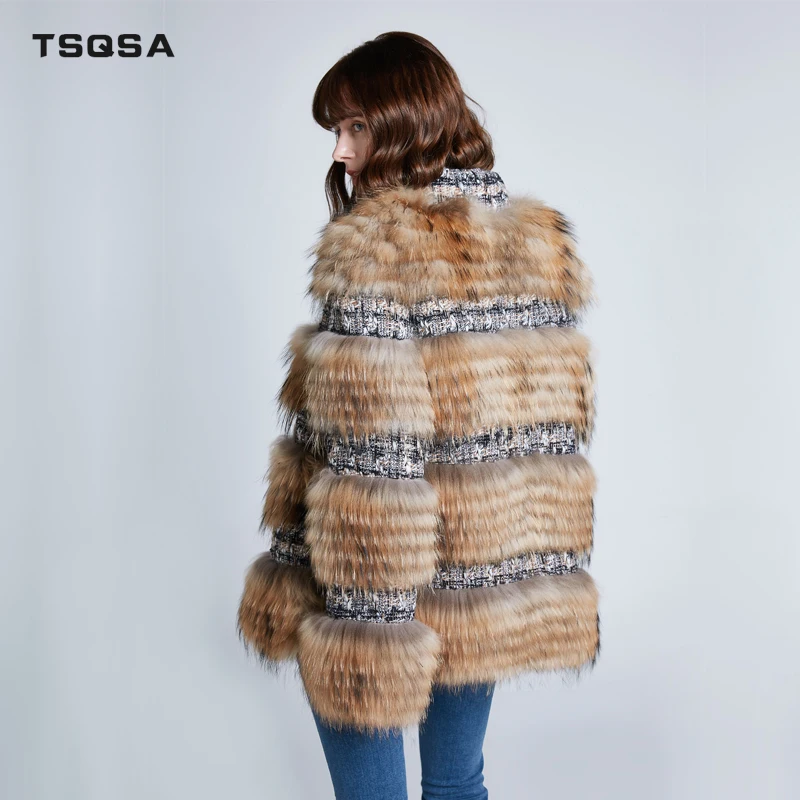 TSQSA Новое Женское зимнее пальто из натурального меха енота женские куртки повседневное плотное Женское пальто TAC1939