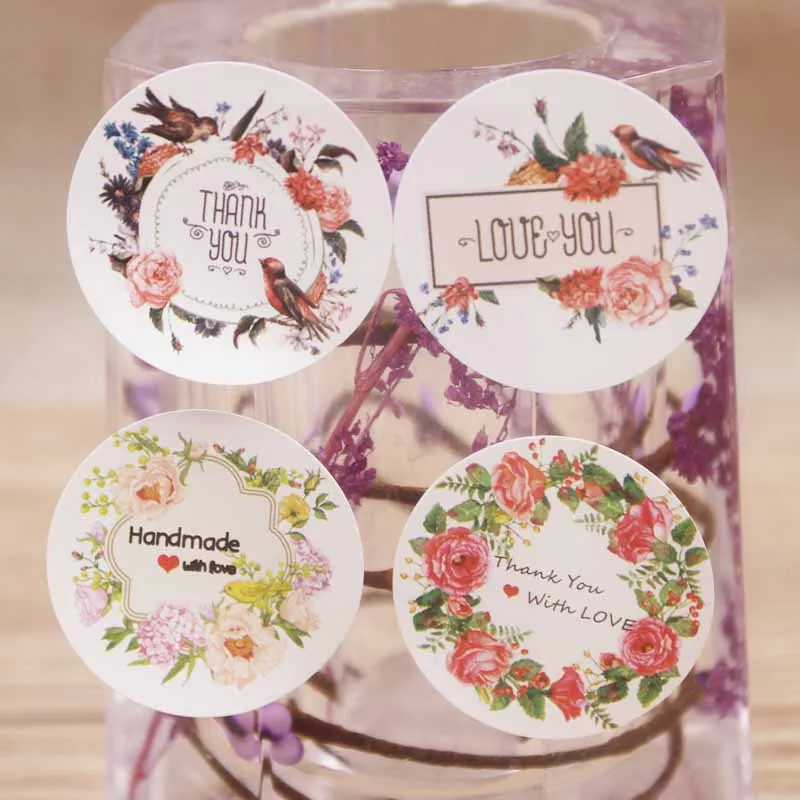 Новые наклейки 200 шт DIY love you/Thank you/handmade with flower Happy birds белый фон 3x3 см круглая форма