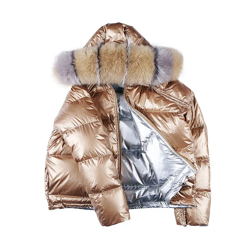 

Winter Glossy Coat Big Fur Fox Collar Silver Golden Duck Down Jacket Women Double Sided Wear Hooded Waterproof Parkas Outerwear