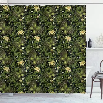 

Sage Shower Curtain, Spring Inspired Ornaments Butterflies Little Blossoms Swirled Leaves Vintage, Cloth Fabric Bathroom Decor